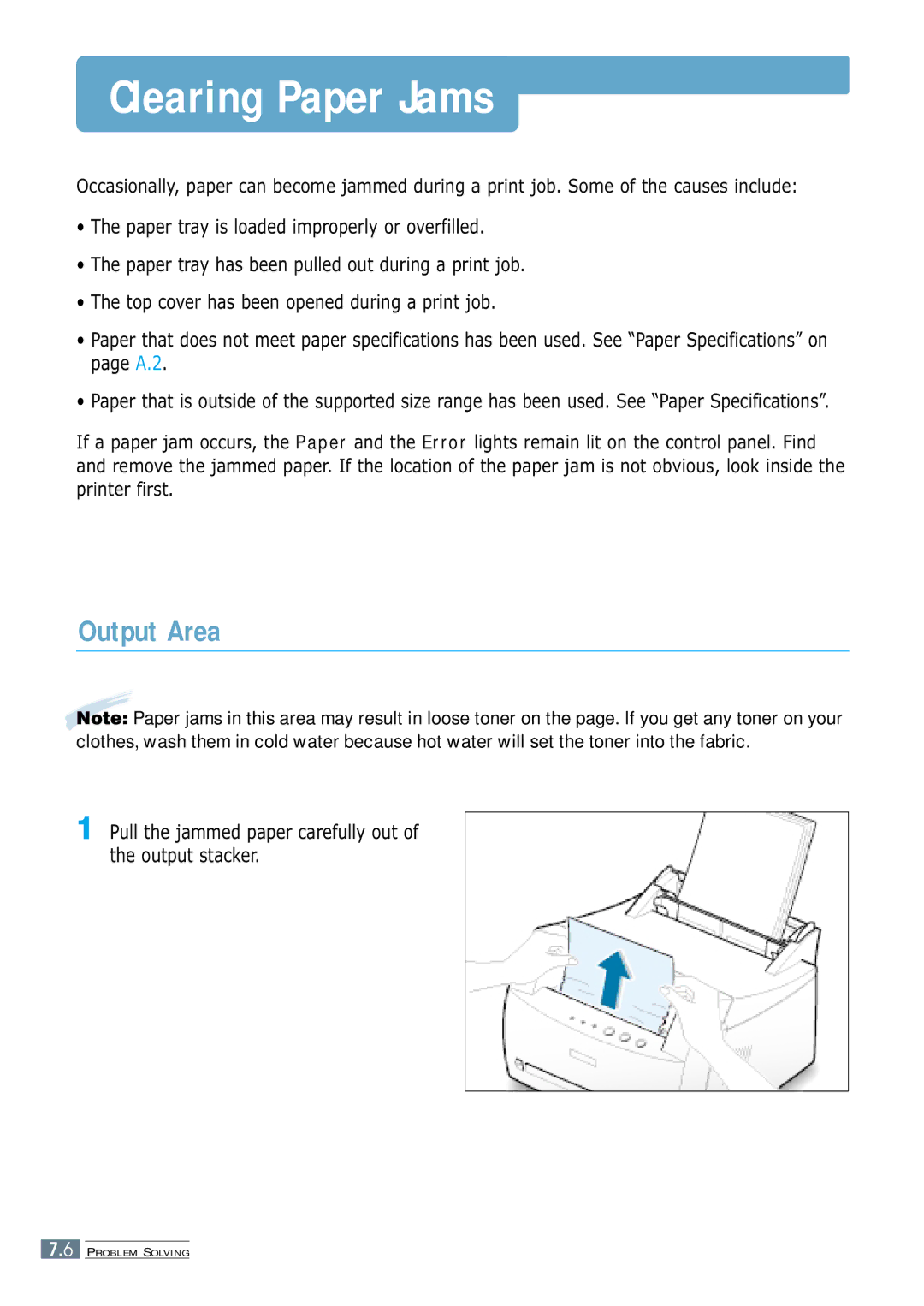 Samsung ML-1250 manual Clearing Paper Jams, Output Area, Pull the jammed paper carefully out of the output stacker 