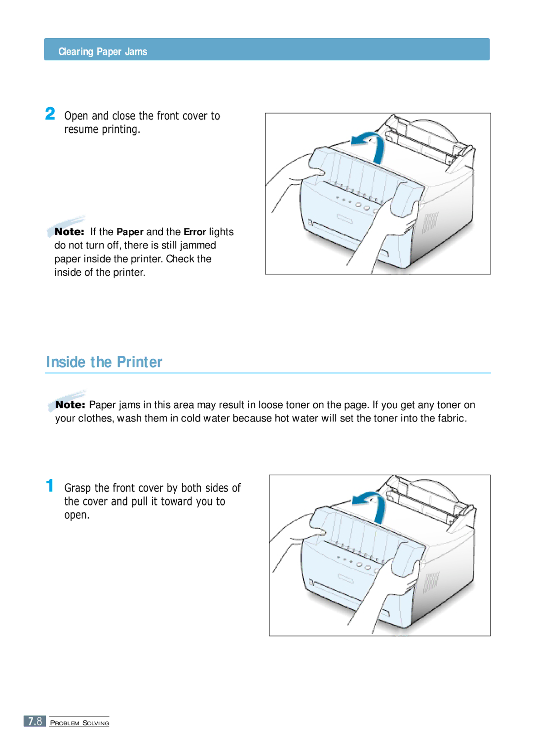 Samsung ML-1250 manual Inside the Printer, Open and close the front cover to resume printing 