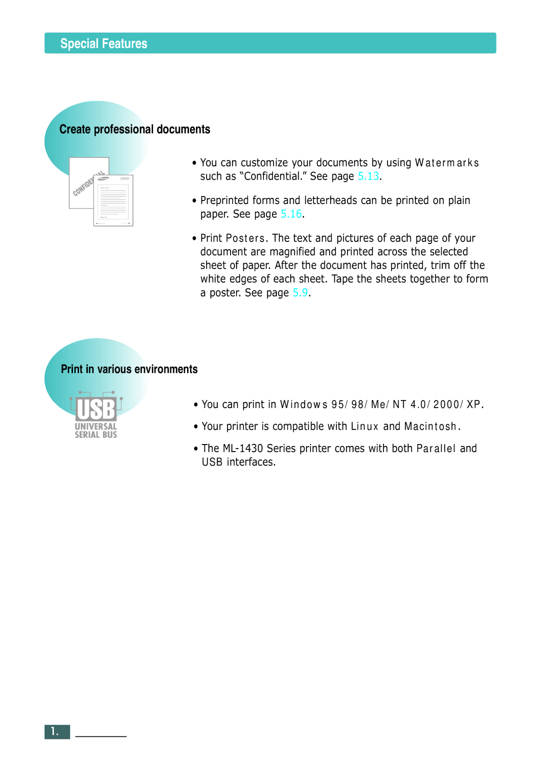 Samsung ML-1430 manual Special Features, Such as Confidential. See, Paper. See 