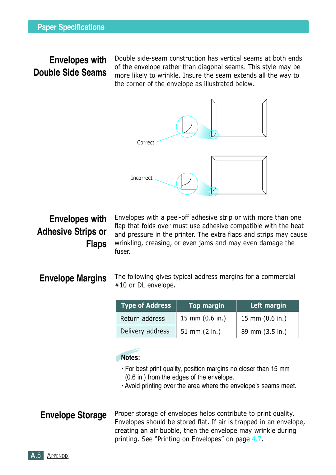 Samsung ML-1430 manual Envelope Margins, Return address 