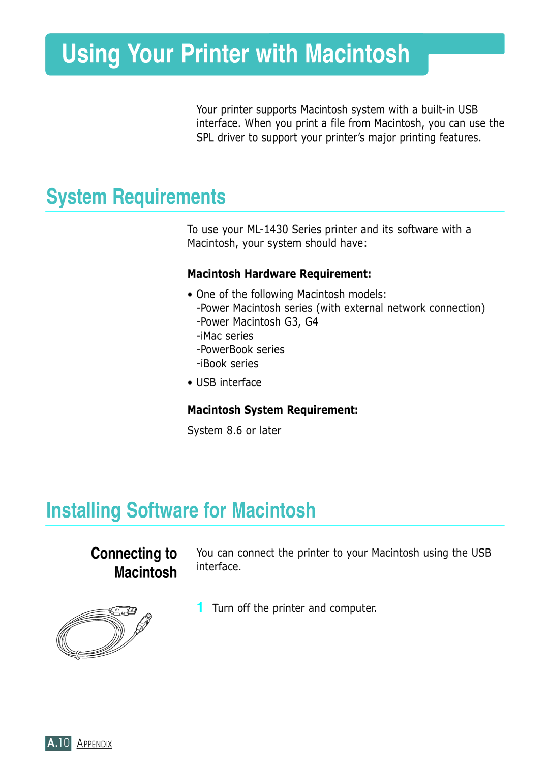 Samsung ML-1430 manual Using Your Printer with Macintosh, System Requirements, Installing Software for Macintosh 