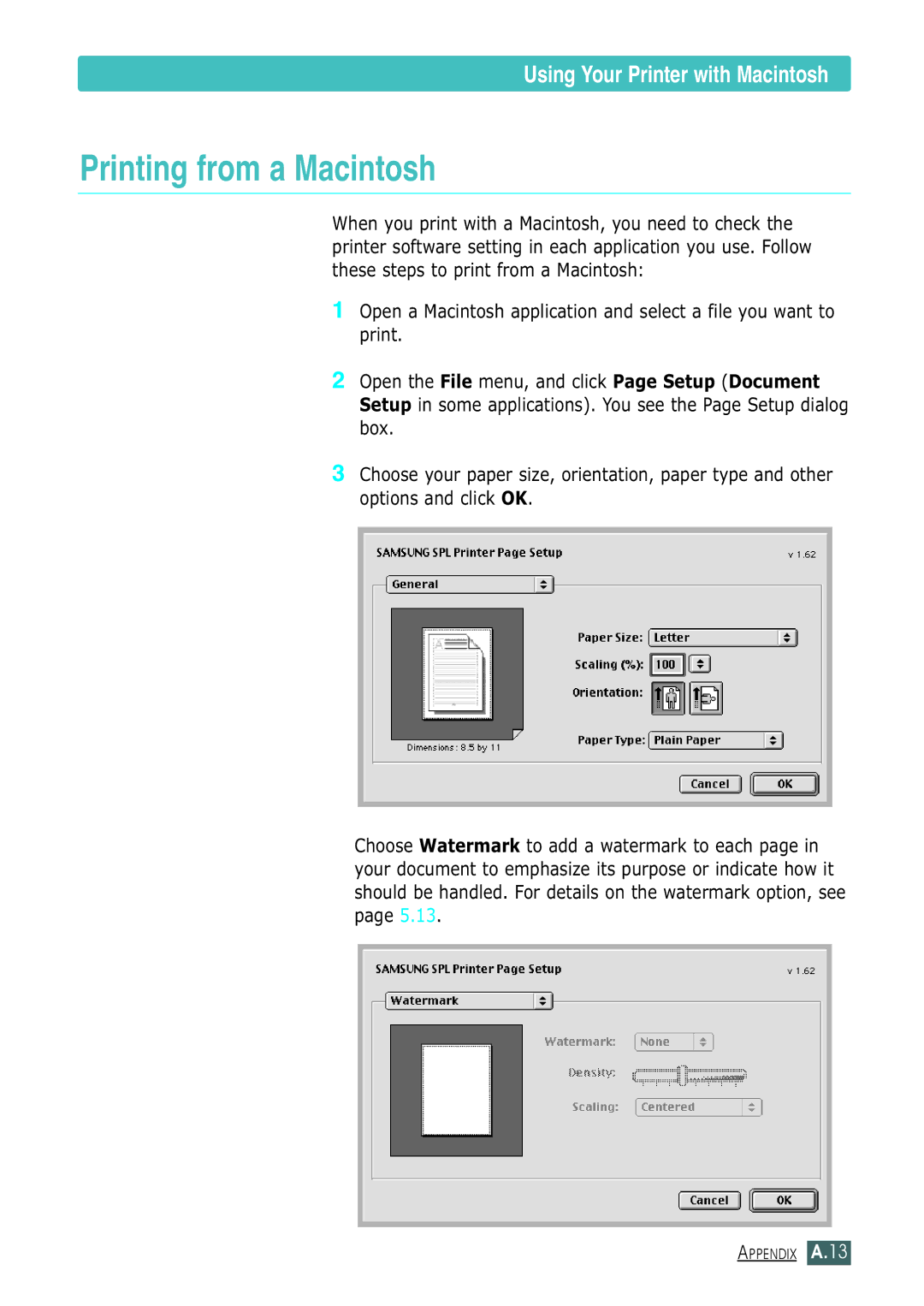 Samsung ML-1430 manual Printing from a Macintosh 