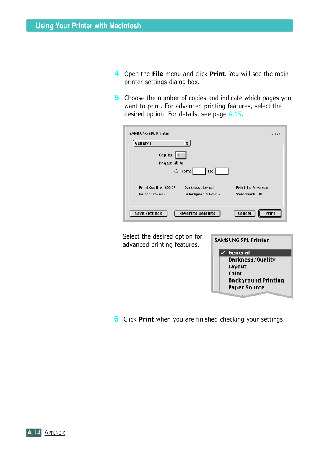 Samsung ML-1430 manual Click Print when you are finished checking your settings 