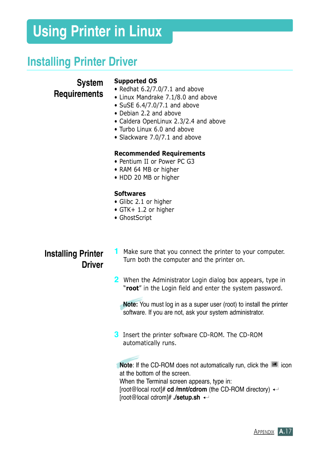 Samsung ML-1430 manual Using Printer in Linux, Installing Printer Driver, System Requirements 