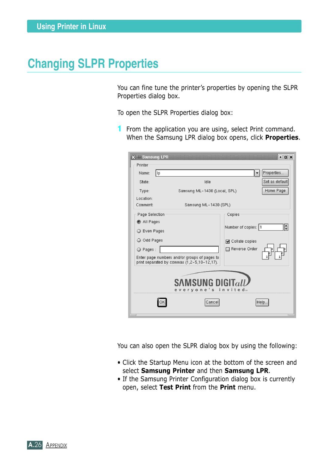 Samsung ML-1430 manual Changing Slpr Properties, Properties dialog box To open the Slpr Properties dialog box 