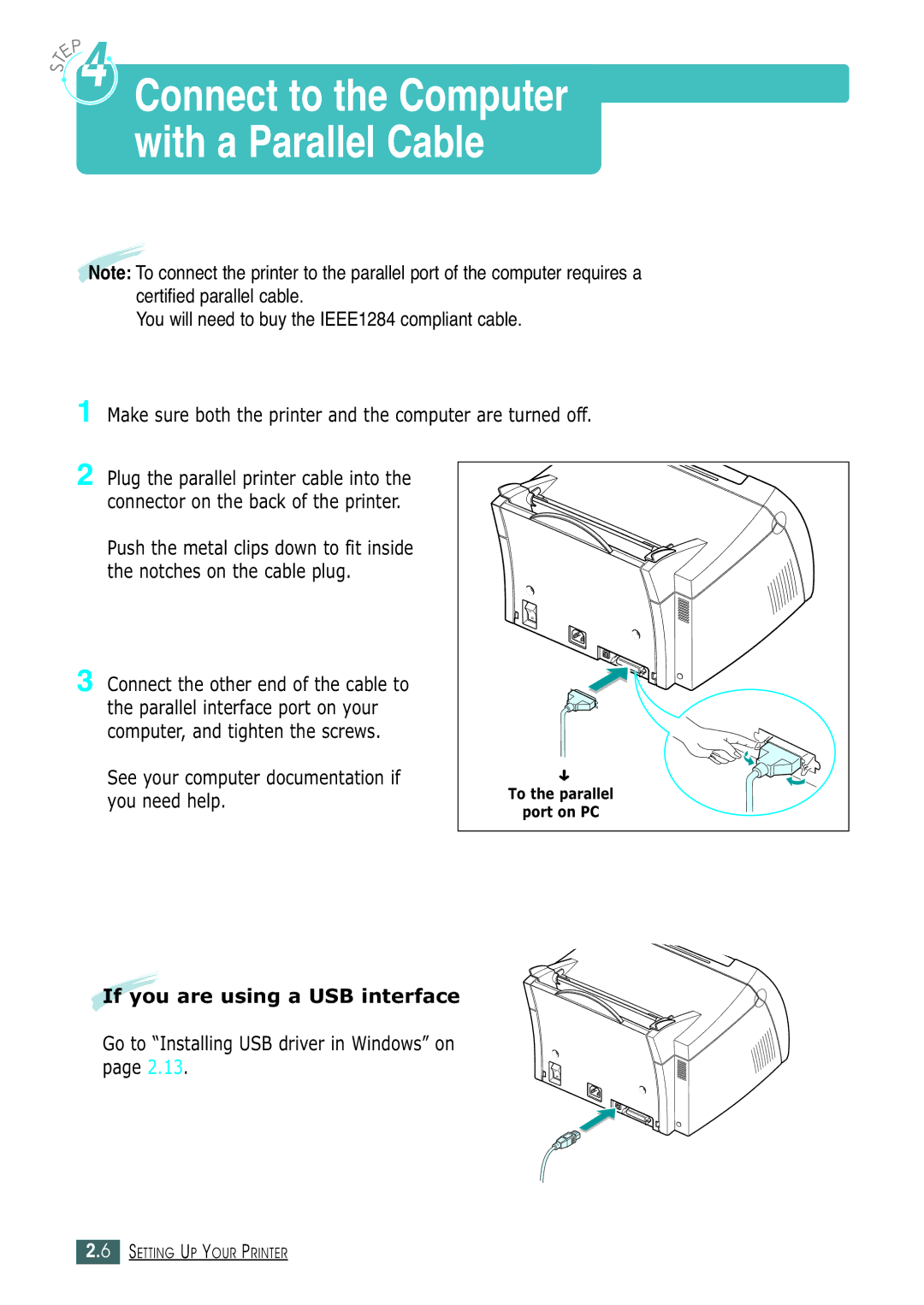 Samsung ML-1430 manual Make sure both the printer and the computer are turned off, If you are using a USB interface 