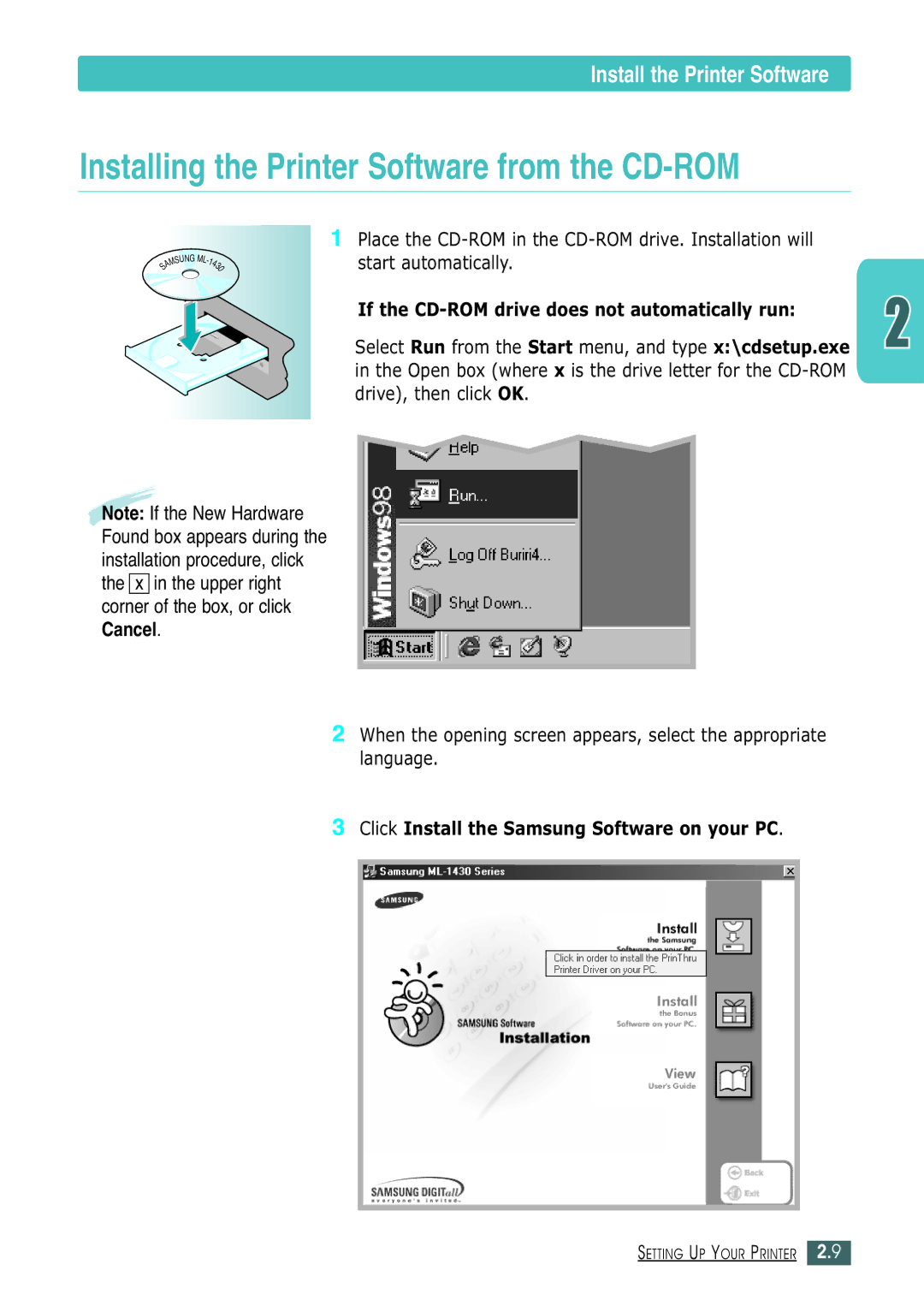 Samsung ML-1430 manual Installing the Printer Software from the CD-ROM, Install the Printer Software 