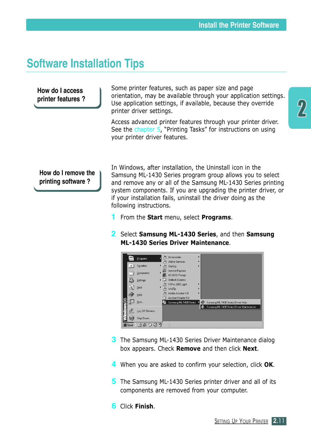 Samsung ML-1430 manual Software Installation Tips, From the Start menu, select Programs 