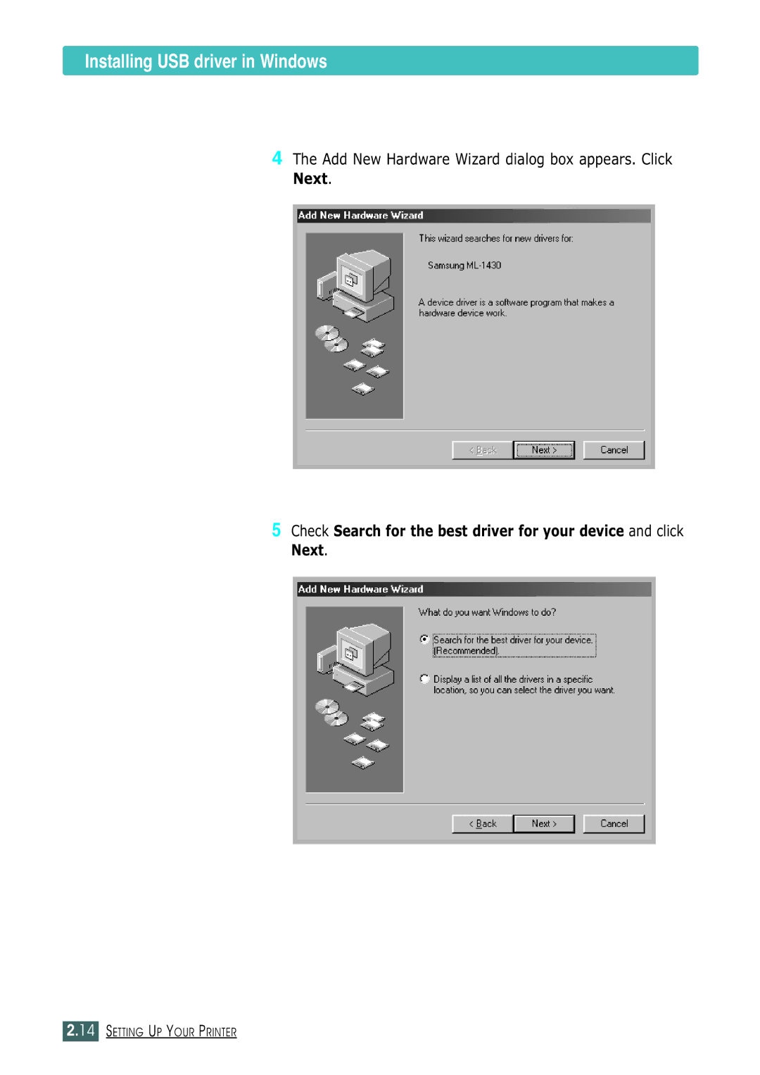 Samsung ML-1430 manual Installing USB driver in Windows, Add New Hardware Wizard dialog box appears. Click Next 