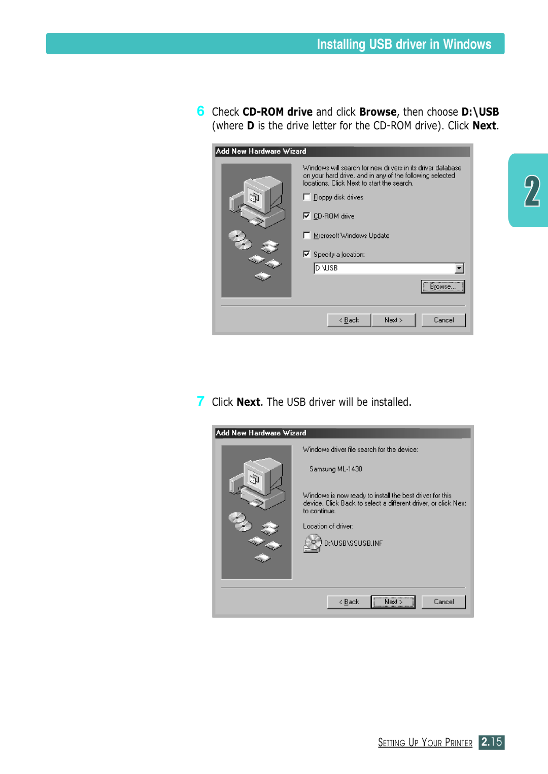 Samsung ML-1430 manual Click Next. The USB driver will be installed 