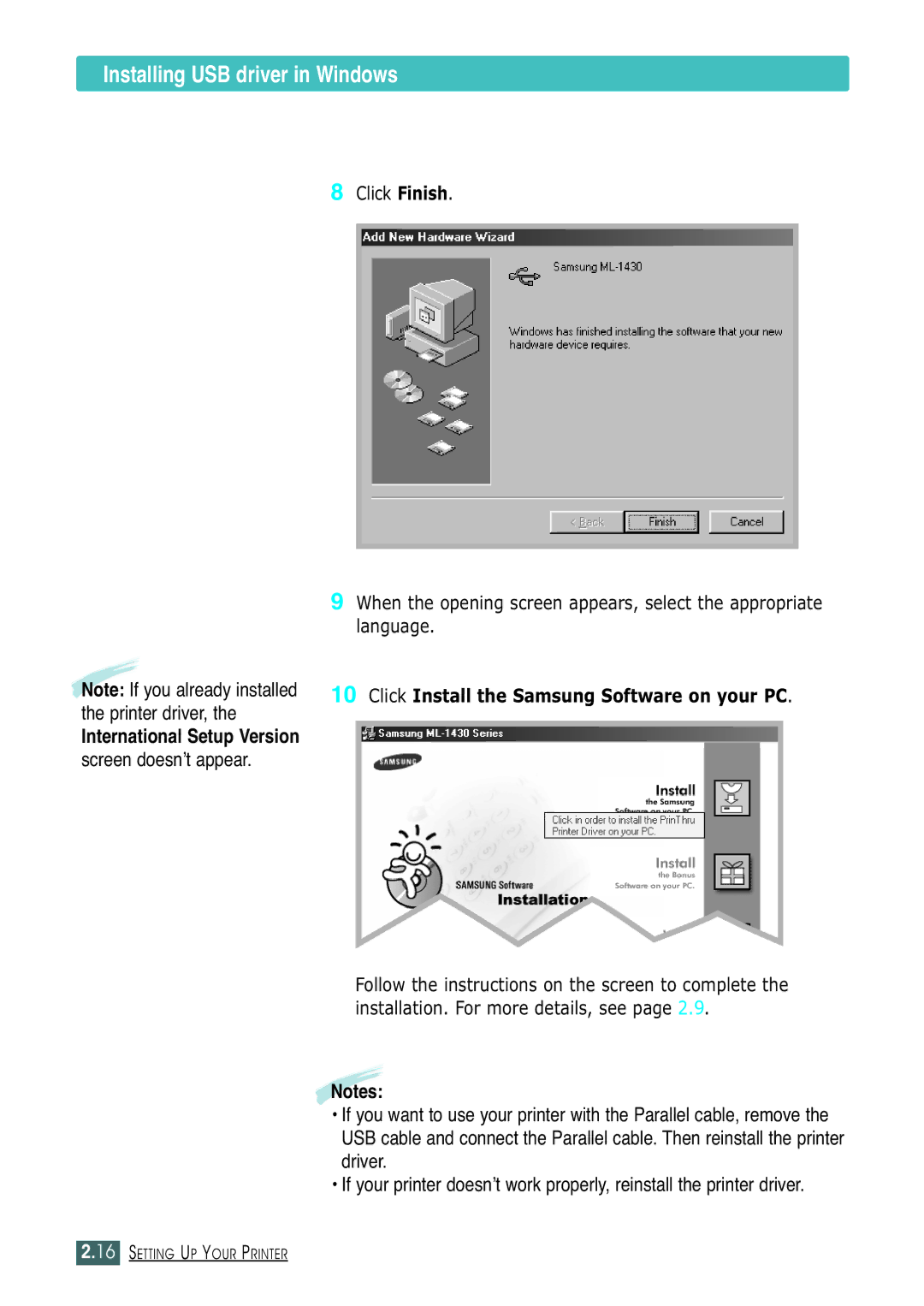 Samsung ML-1430 manual International Setup Version screen doesn’t appear 