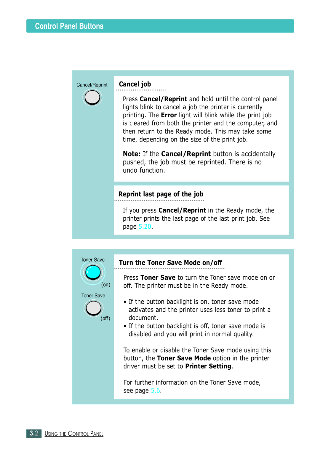 Samsung ML-1430 manual Control Panel Buttons, Reprint last page of the job, Turn the Toner Save Mode on/off 