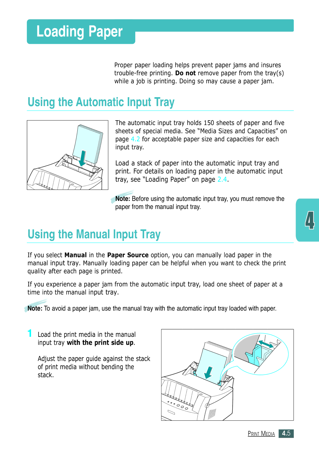 Samsung ML-1430 Using the Automatic Input Tray, Using the Manual Input Tray, Load the print media in the manual 