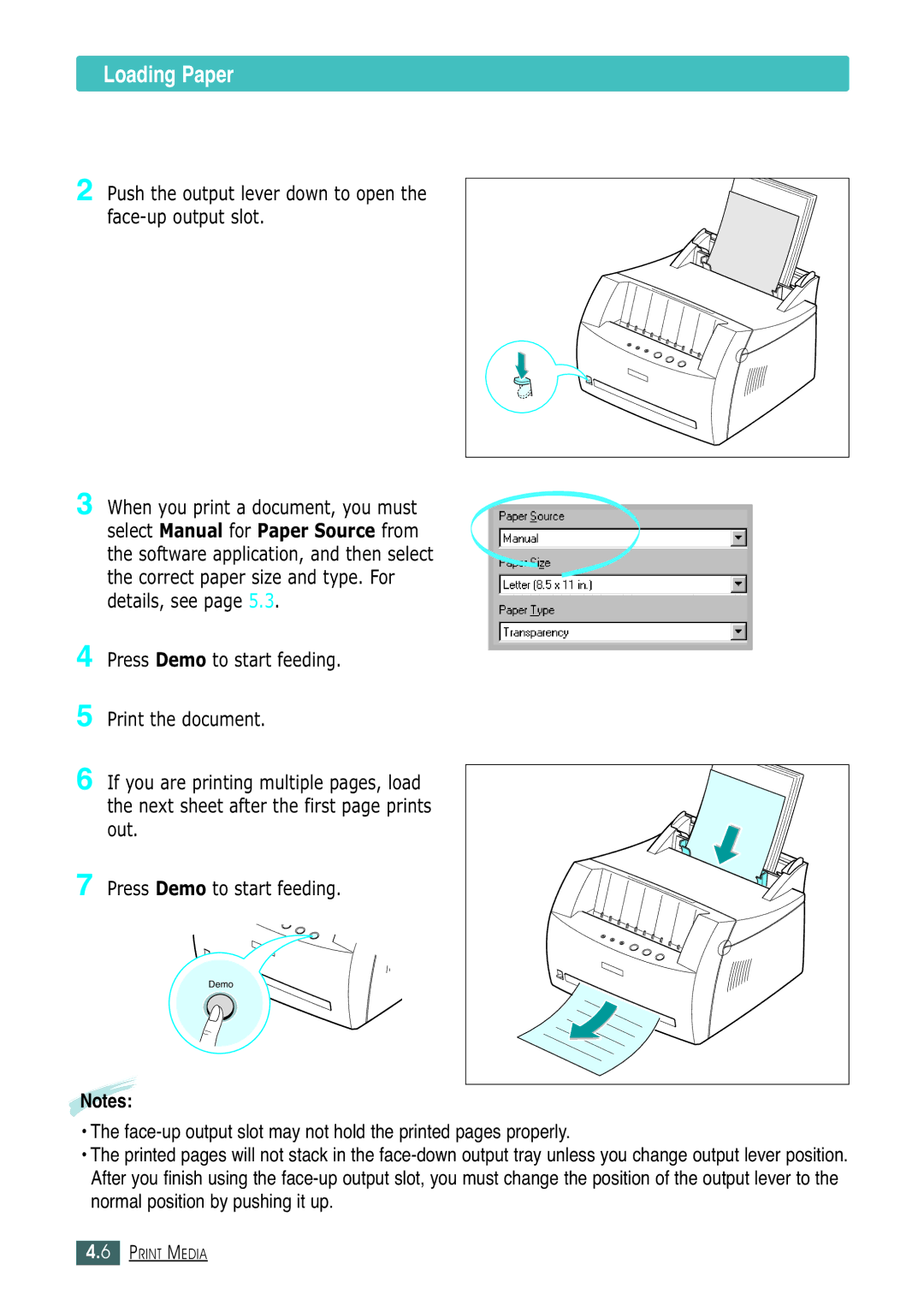 Samsung ML-1430 Loading Paper, Push the output lever down to open the face-up output slot, Out Press Demo to start feeding 