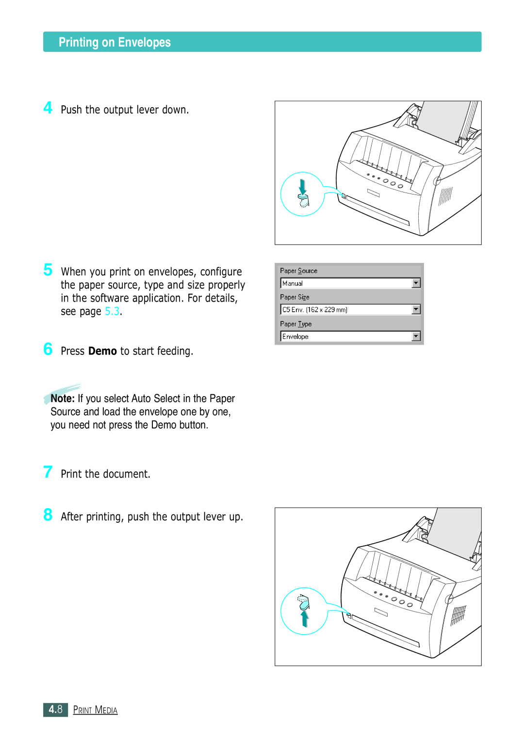 Samsung ML-1430 manual Printing on Envelopes, Push the output lever down 