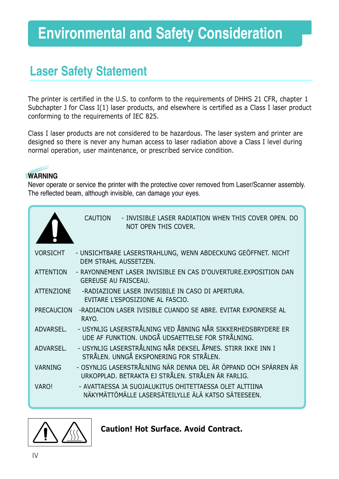 Samsung ML-1430 manual Environmental and Safety Consideration, Laser Safety Statement 