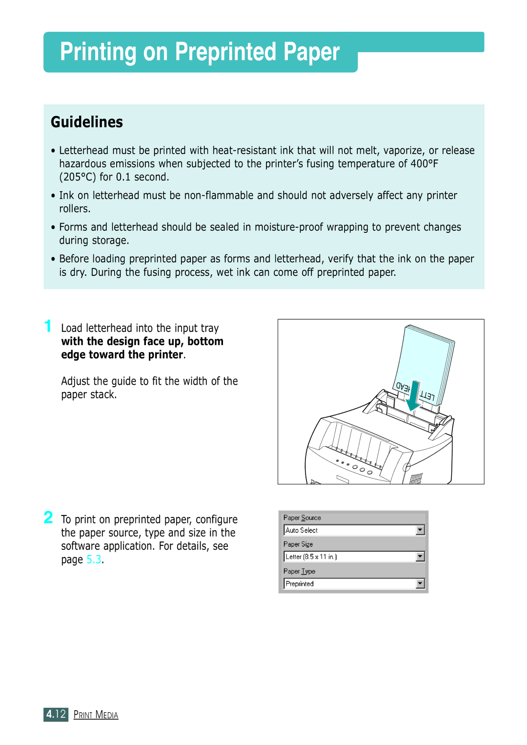 Samsung ML-1430 manual Printing on Preprinted Paper, Adjust the guide to fit the width of the paper stack 