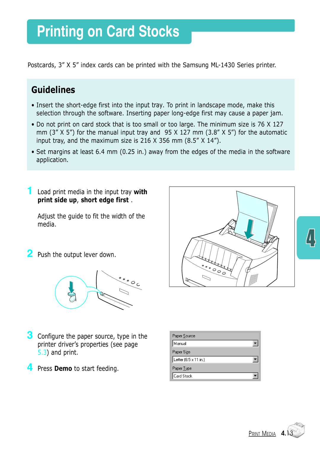 Samsung ML-1430 manual Printing on Card Stocks 