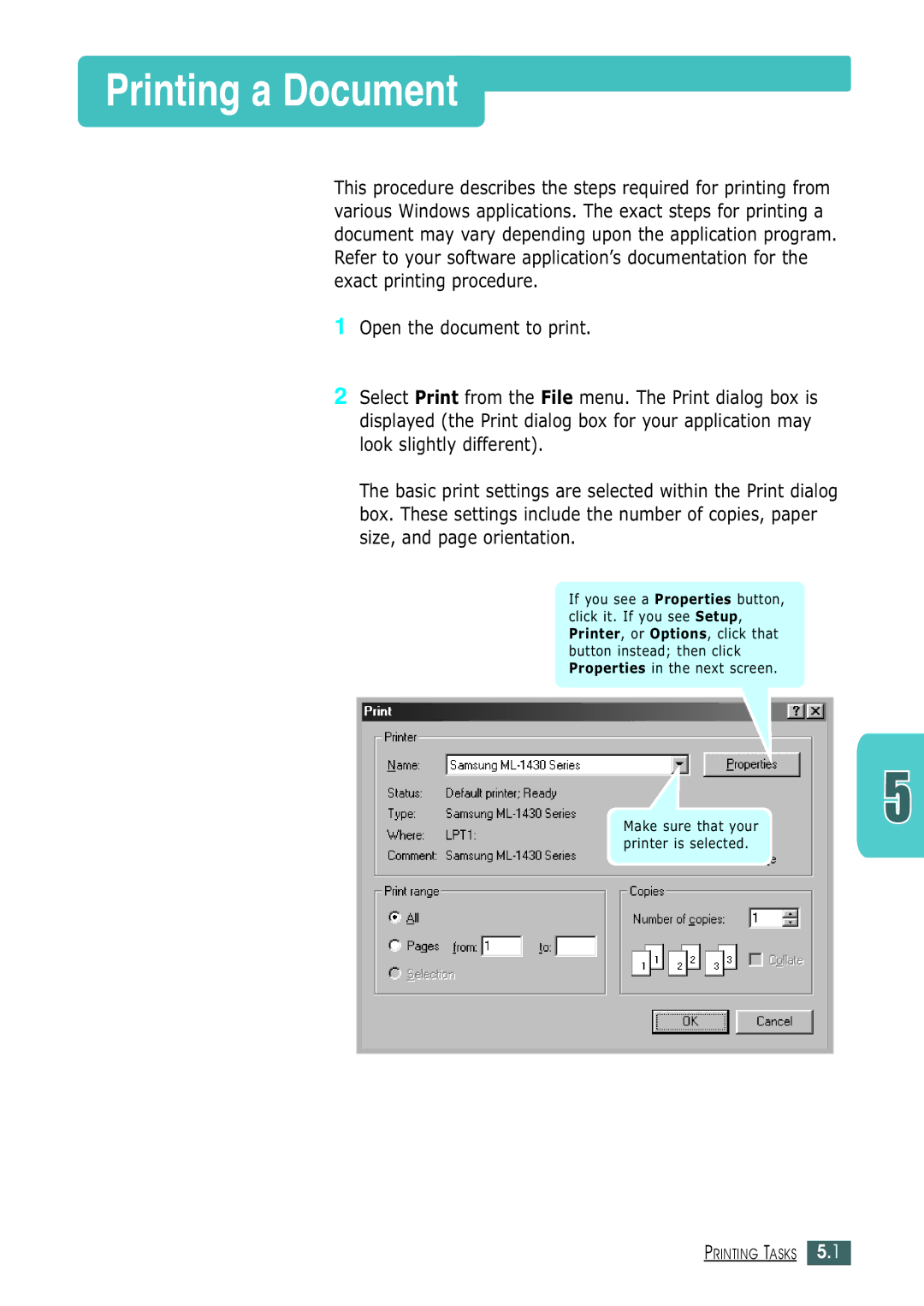 Samsung ML-1430 manual Printing a Document 