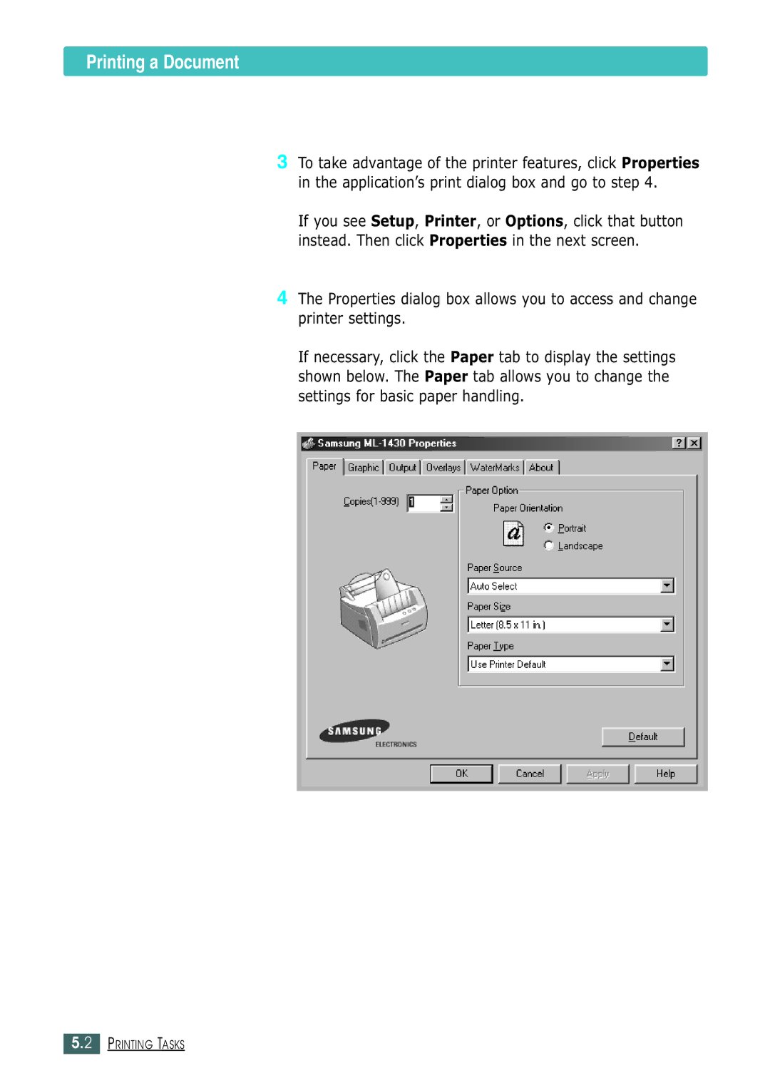 Samsung ML-1430 manual Printing a Document 