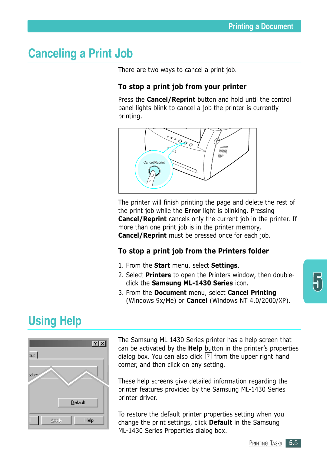 Samsung ML-1430 manual Canceling a Print Job, Using Help, To stop a print job from your printer 