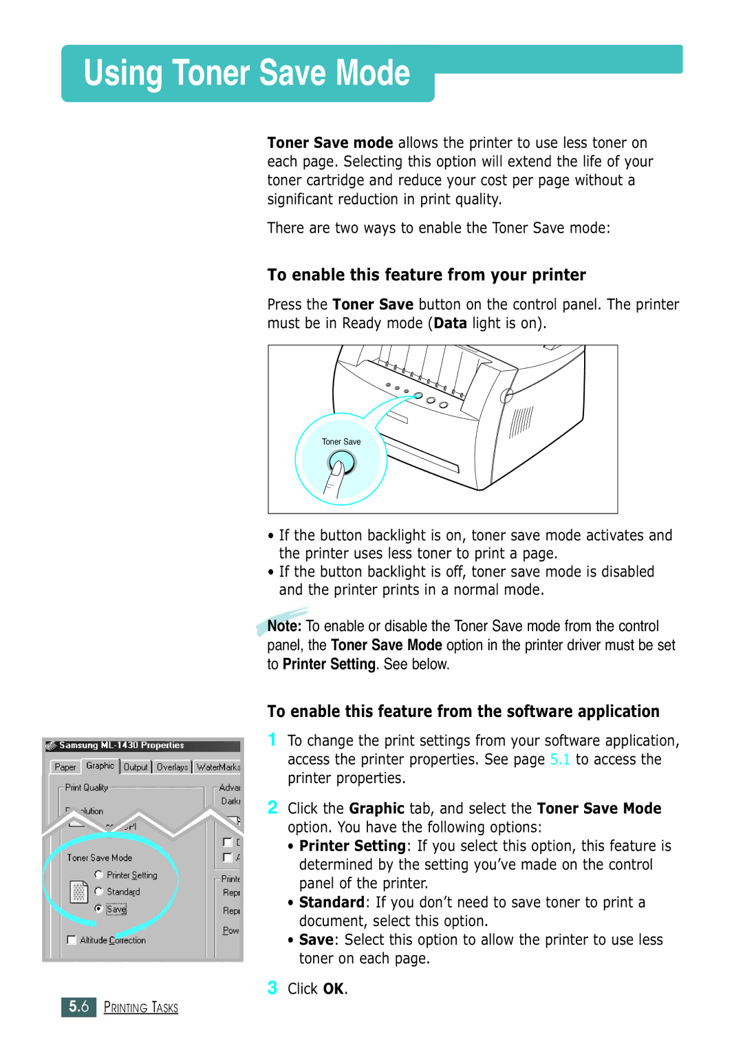 Samsung ML-1430 manual Using Toner Save Mode, To enable this feature from your printer 