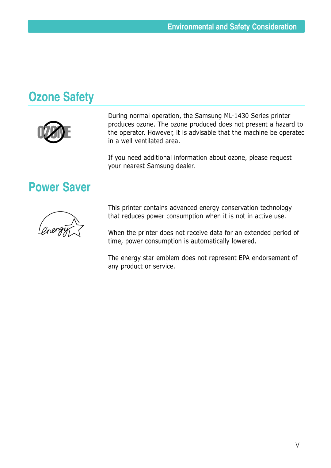 Samsung ML-1430 manual Ozone Safety, Power Saver, Environmental and Safety Consideration 