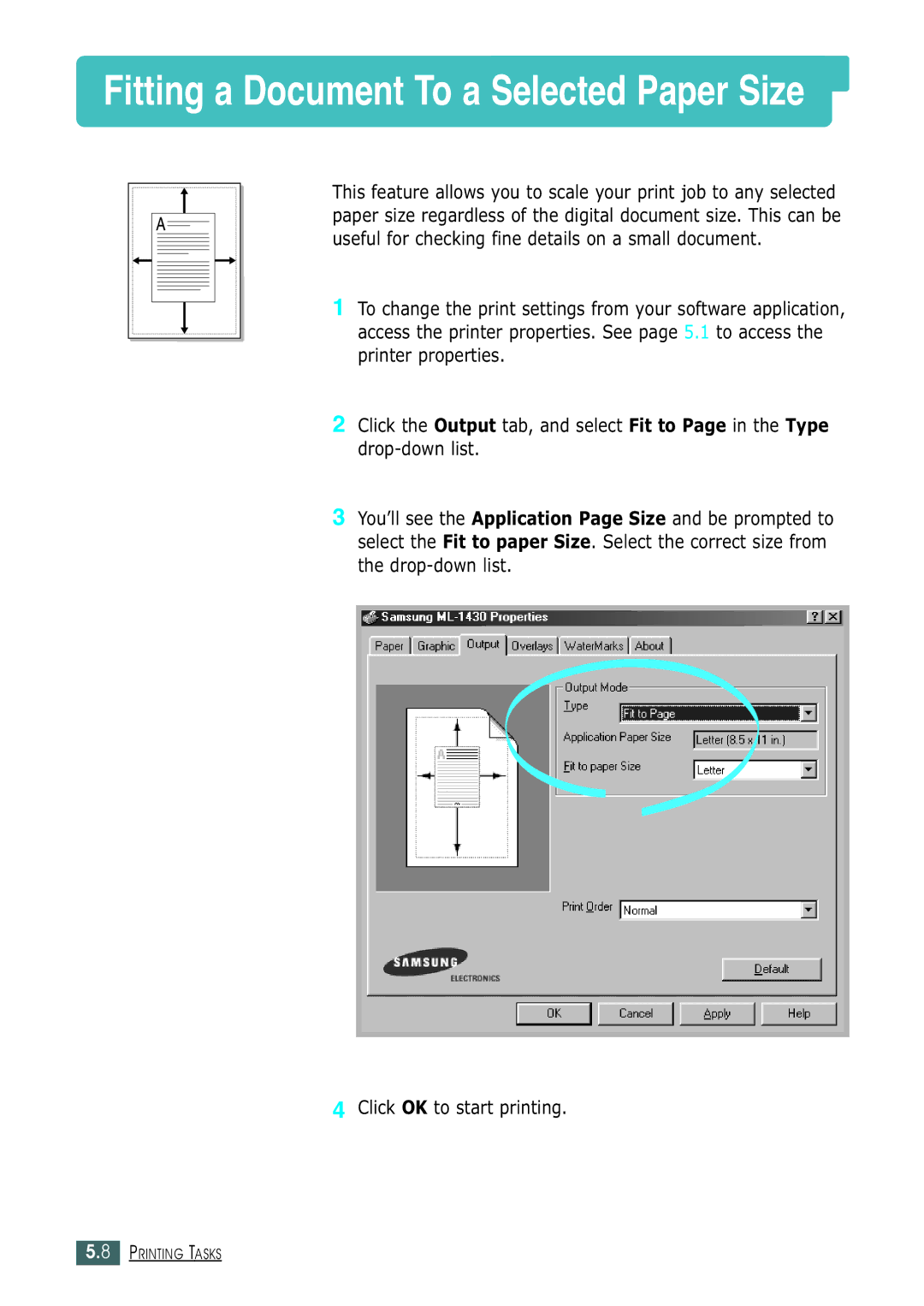 Samsung ML-1430 manual Fitting a Document To a Selected Paper Size 