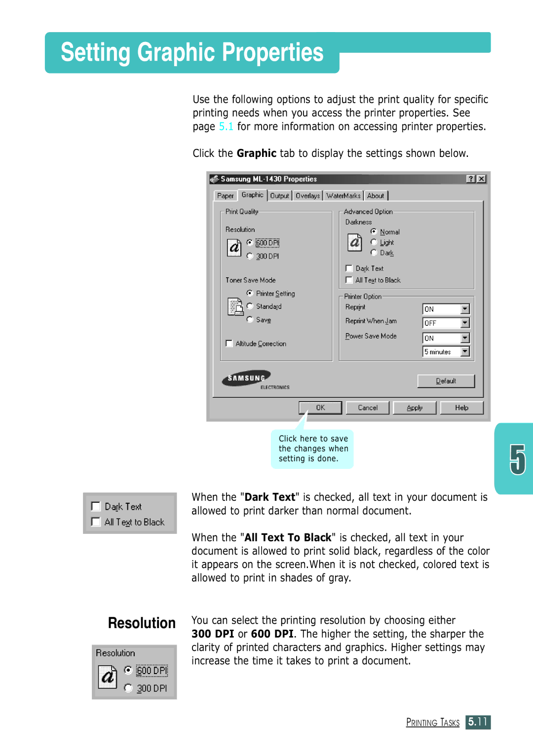 Samsung ML-1430 manual Setting Graphic Properties, Click the Graphic tab to display the settings shown below 