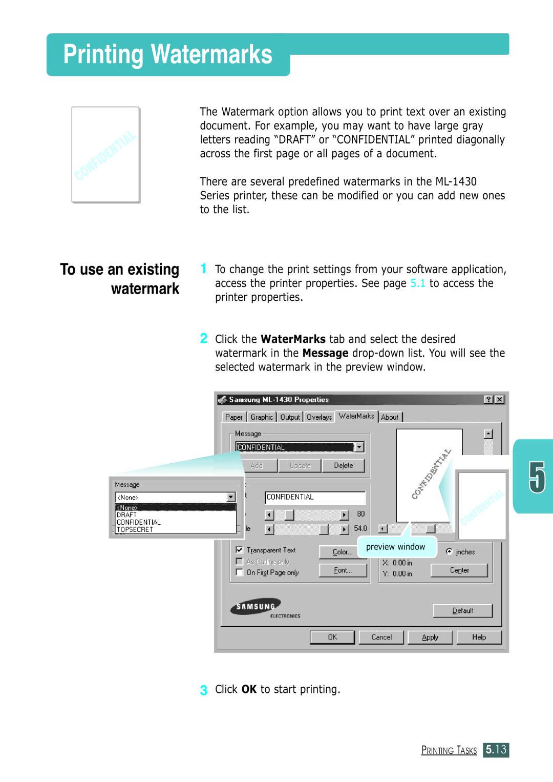 Samsung ML-1430 manual Printing Watermarks, To use an existing watermark 