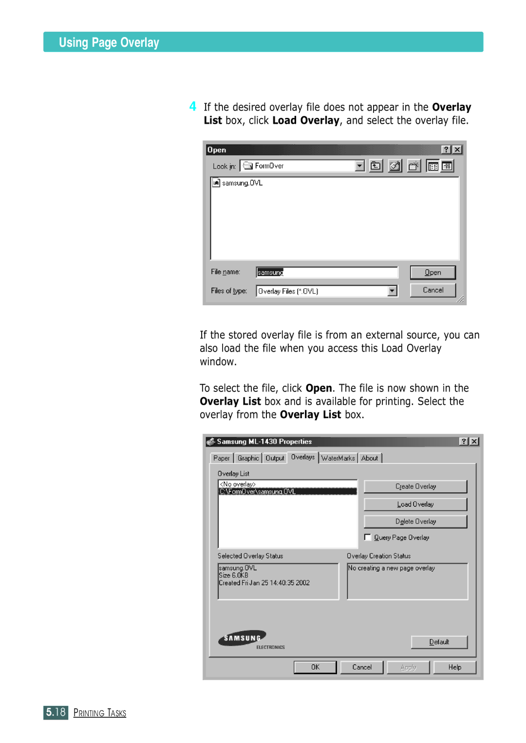 Samsung ML-1430 manual Using Page Overlay 