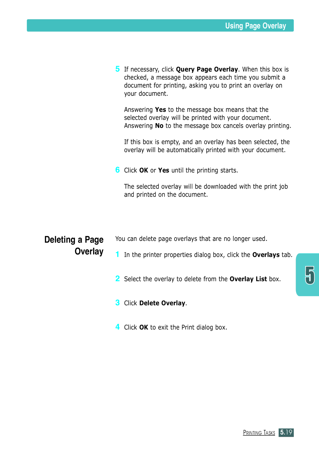 Samsung ML-1430 manual Deleting a Page Overlay, Select the overlay to delete from the Overlay List box 