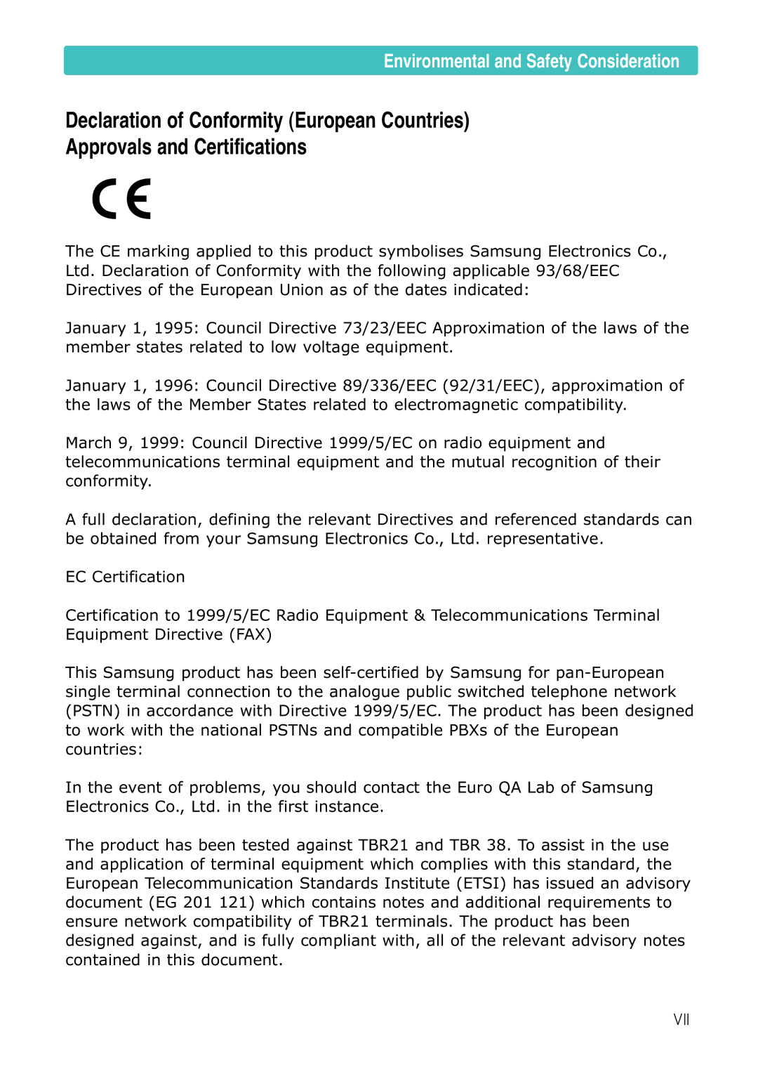 Samsung ML-1430 manual Vii 