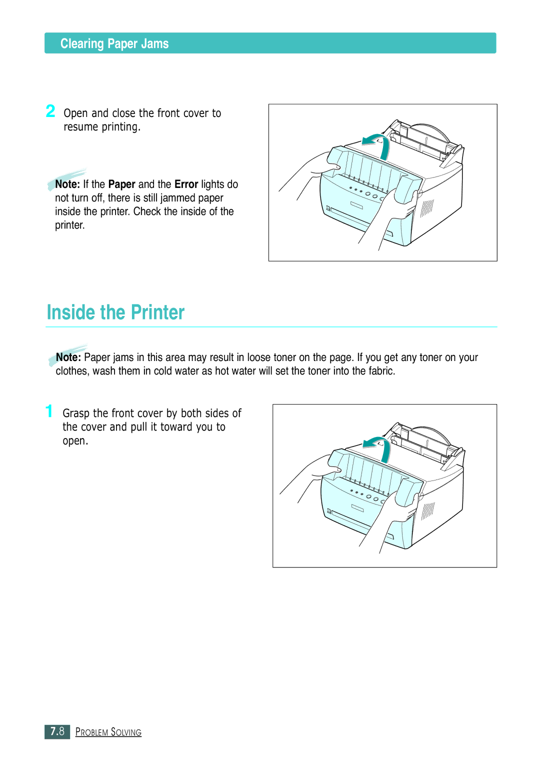 Samsung ML-1430 manual Inside the Printer, Open and close the front cover to Resume printing 