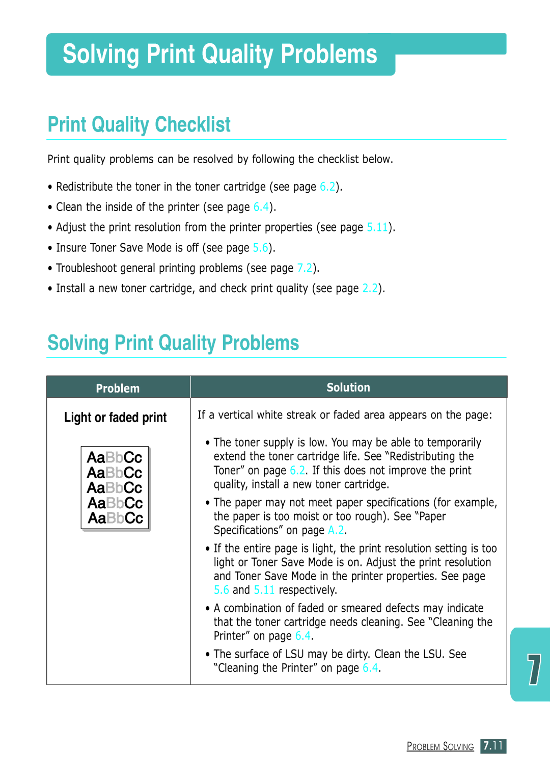 Samsung ML-1430 manual Solving Print Quality Problems, Print Quality Checklist, Light or faded print 