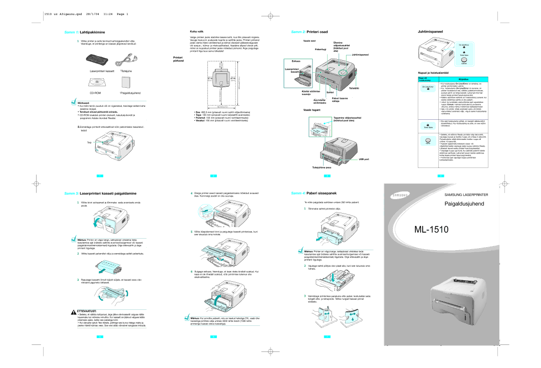 Samsung ML-1510 setup guide Samm 1 Lahtipakkimine, Samm 2 Printeri osad Juhtimispaneel, Samm 4 Paberi sissepanek 