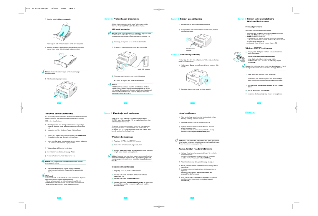 Samsung ML-1510 setup guide Windows 98/Me keskkonnas, Samm 5 Printeri kaabli ühendamine, Samm 9 Kasutusjuhendi vaatamine 