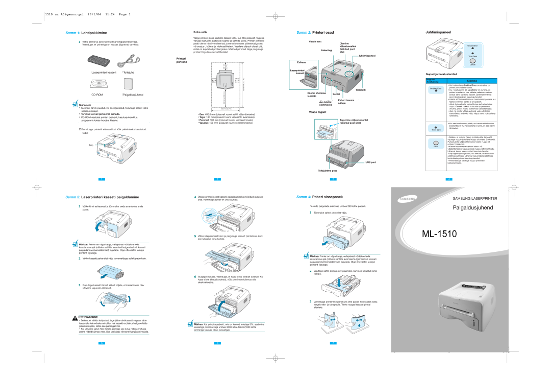 Samsung ML-1510 setup guide Samm 1 Lahtipakkimine, Samm 2 Printeri osad, Juhtimispaneel, Samm 4 Paberi sissepanek 