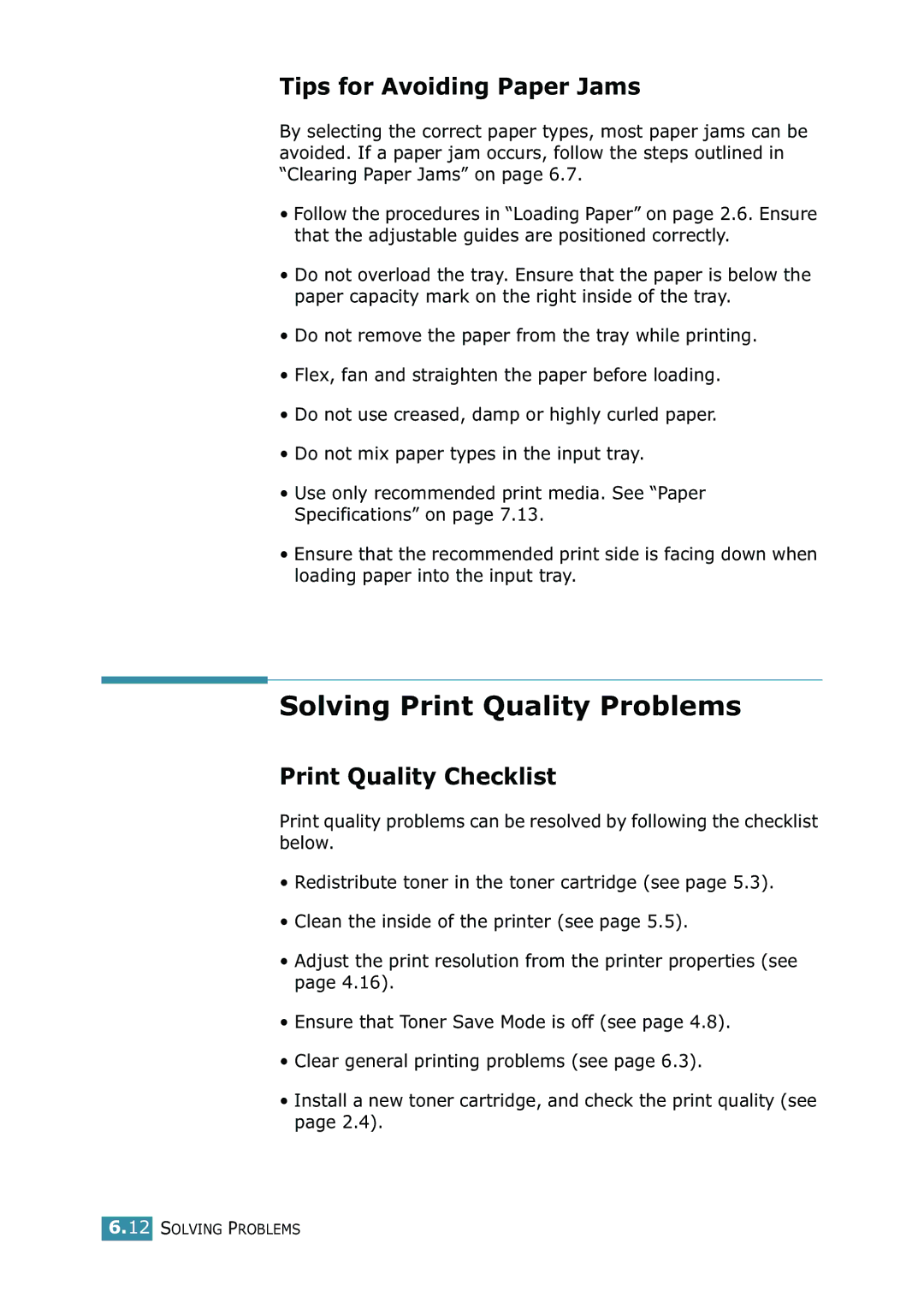 Samsung ML-1520 manual Solving Print Quality Problems, Tips for Avoiding Paper Jams, Print Quality Checklist 