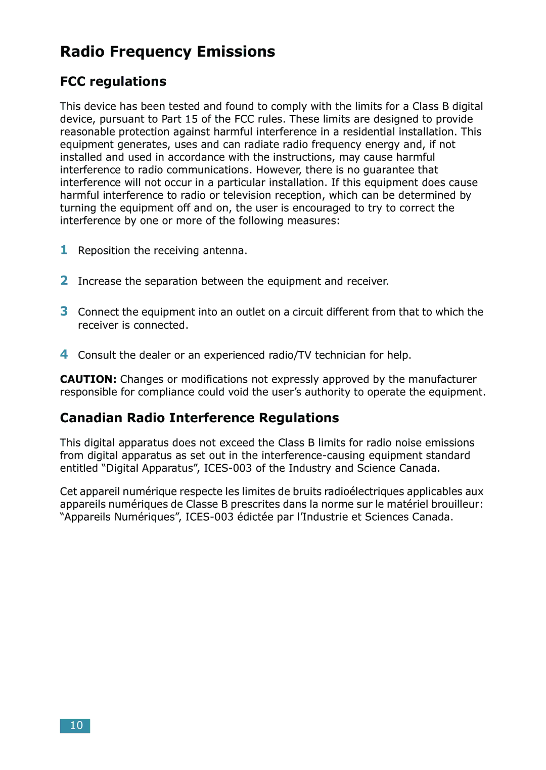 Samsung ML-1520 manual Radio Frequency Emissions 