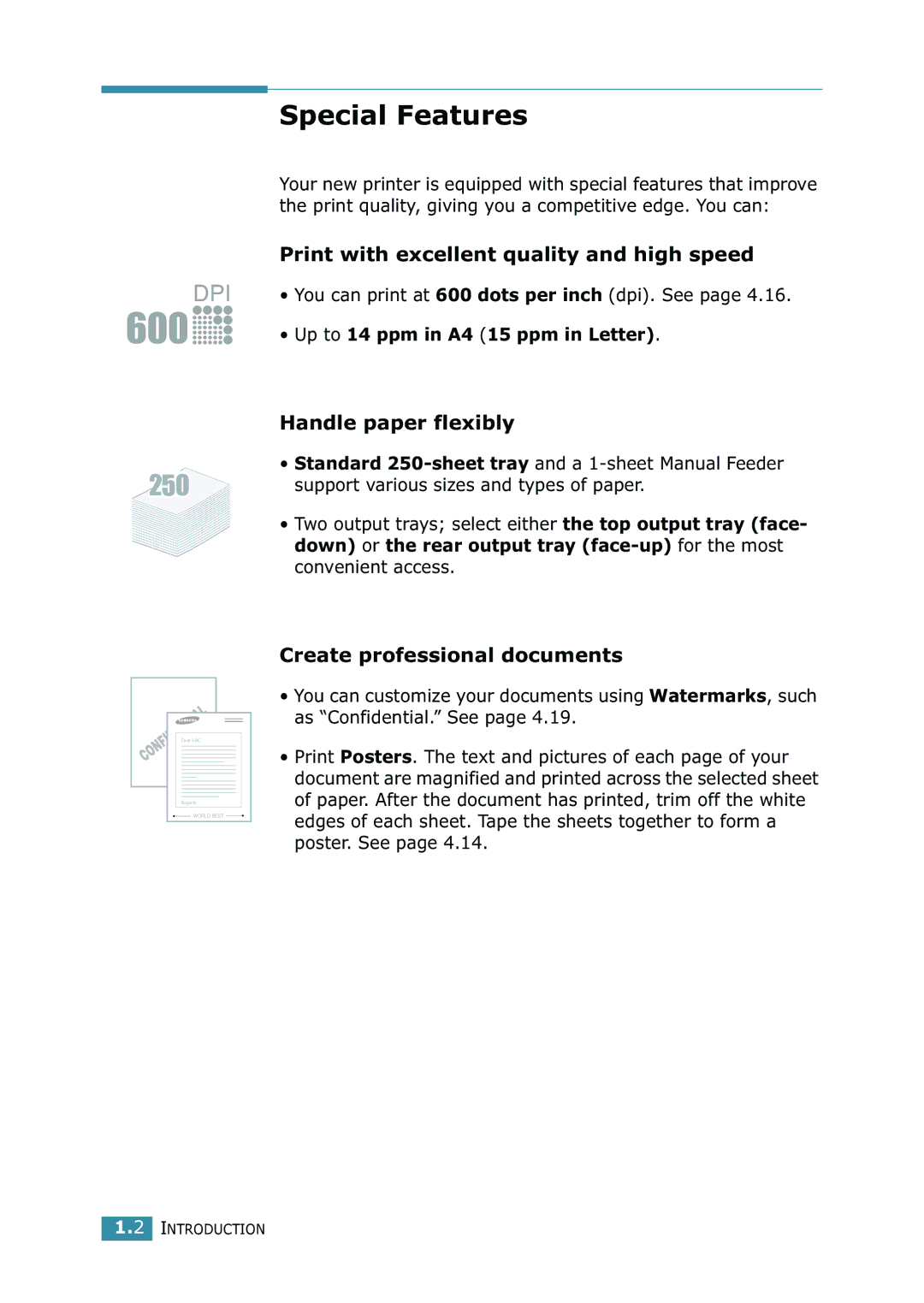 Samsung ML-1520 manual Special Features, Print with excellent quality and high speed, Handle paper flexibly 