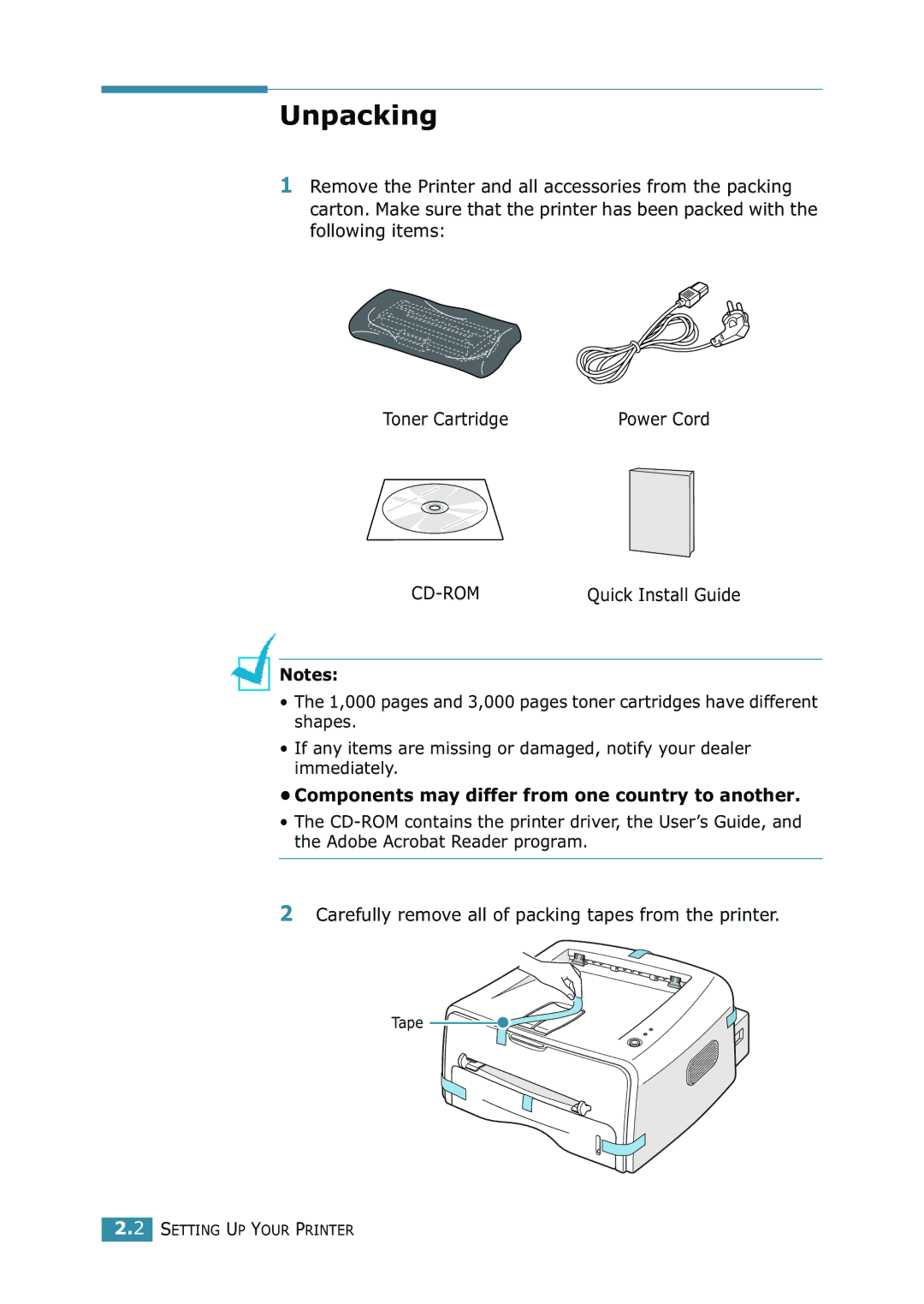 Samsung ML-1520 manual Unpacking, Components may differ from one country to another 