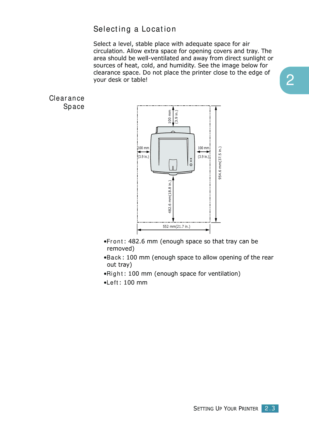 Samsung ML-1520 manual Selecting a Location, Select a level, stable place with adequate space for air, Your desk or table 