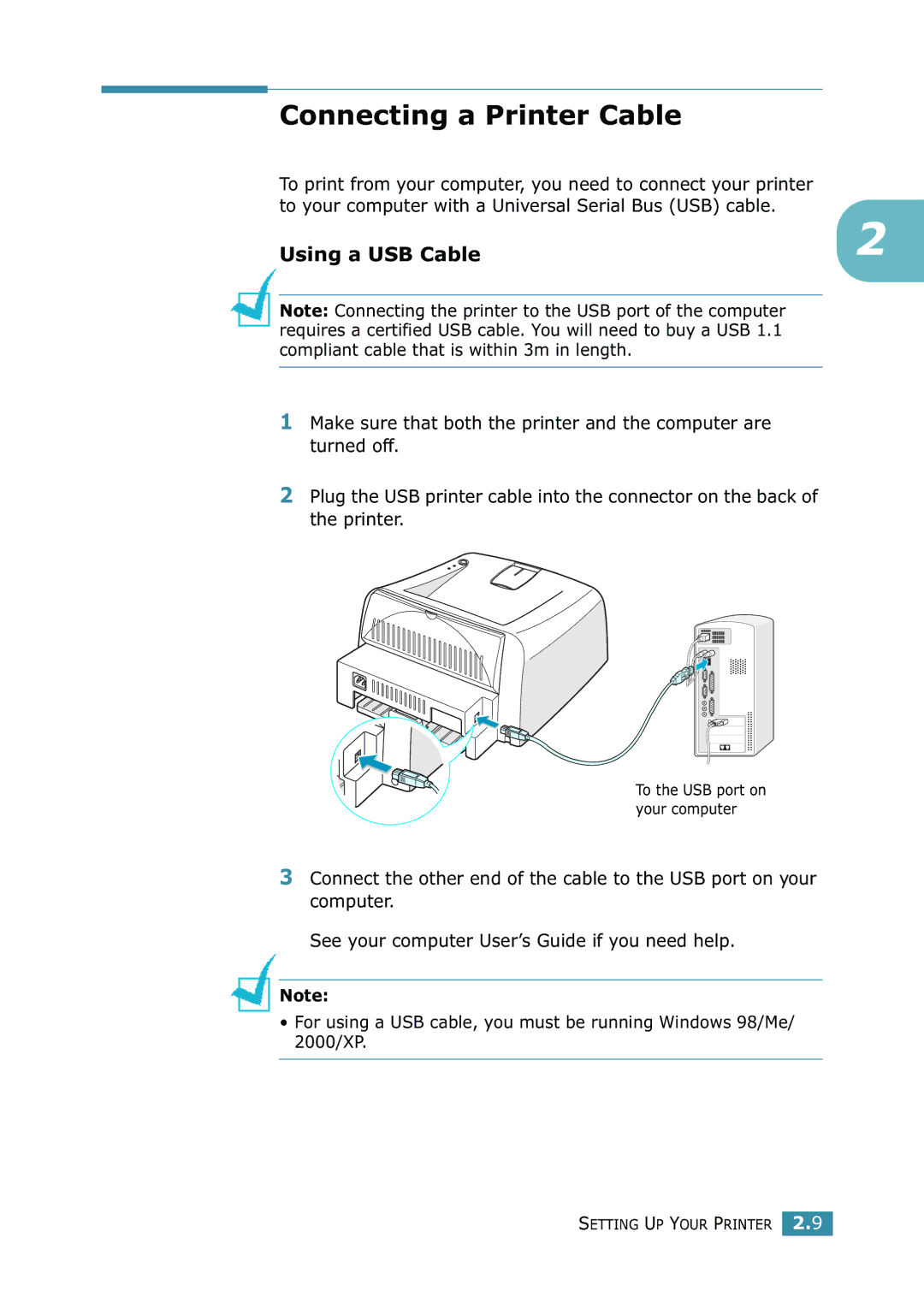 Samsung ML-1520 Connecting a Printer Cable, Using a USB Cable, To your computer with a Universal Serial Bus USB cable 