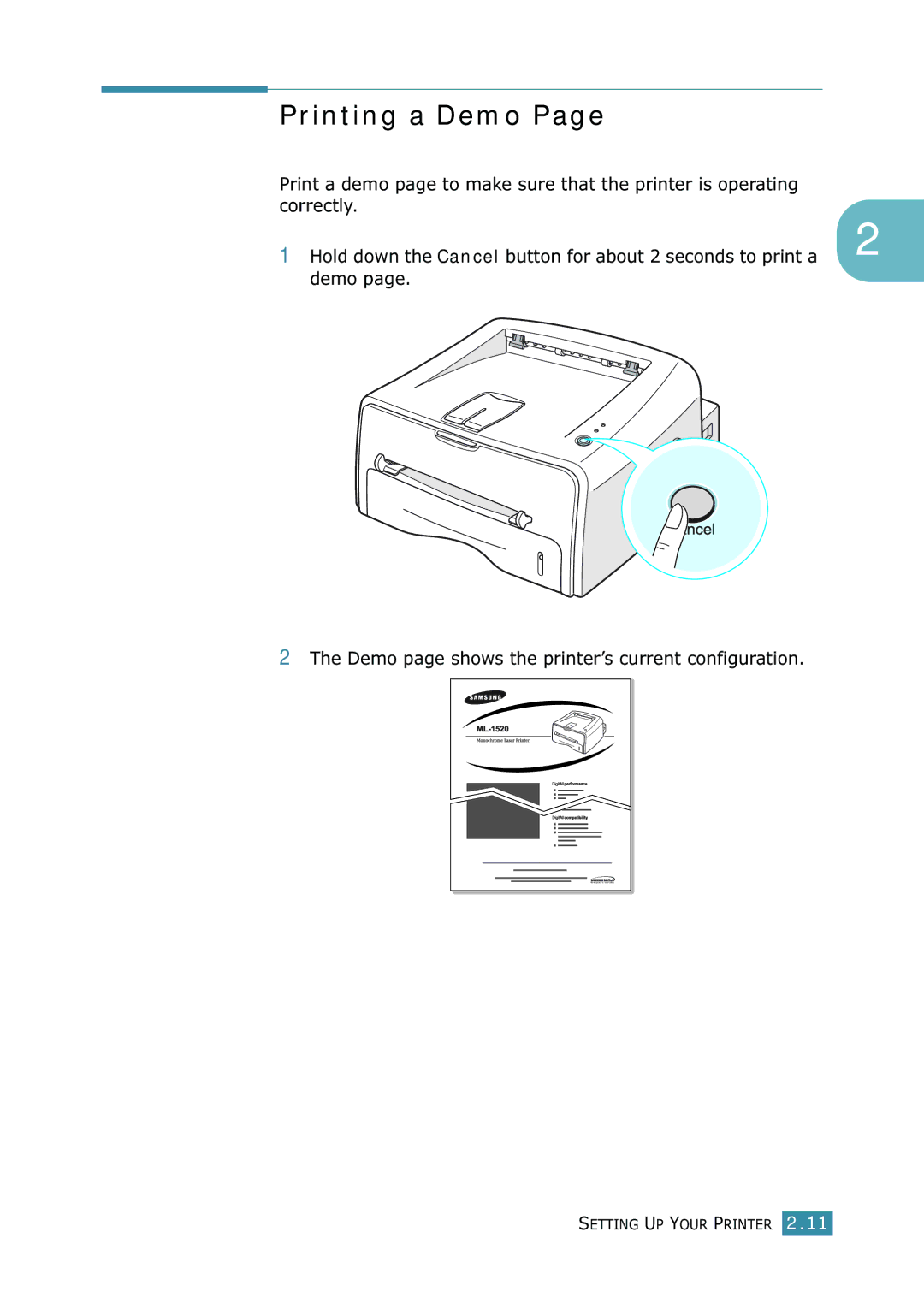 Samsung ML-1520 manual Printing a Demo, Demo Demo page shows the printer’s current configuration 