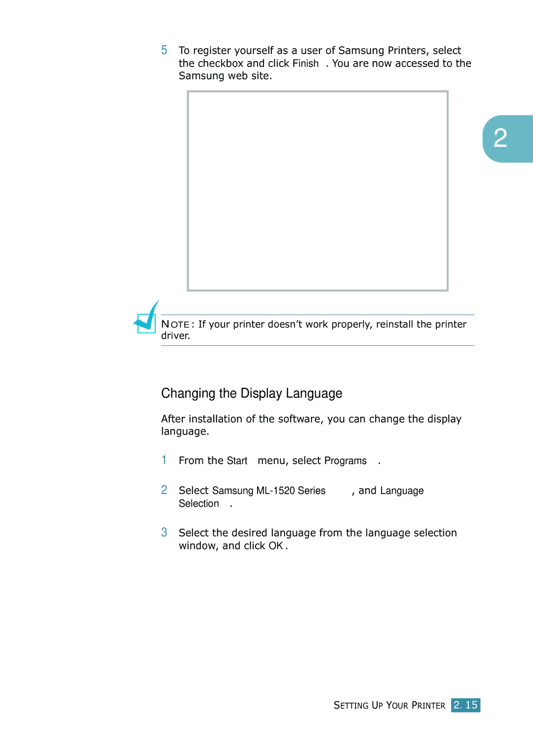 Samsung manual Changing the Display Language, Select Samsung ML-1520 Series, and Language Selection 