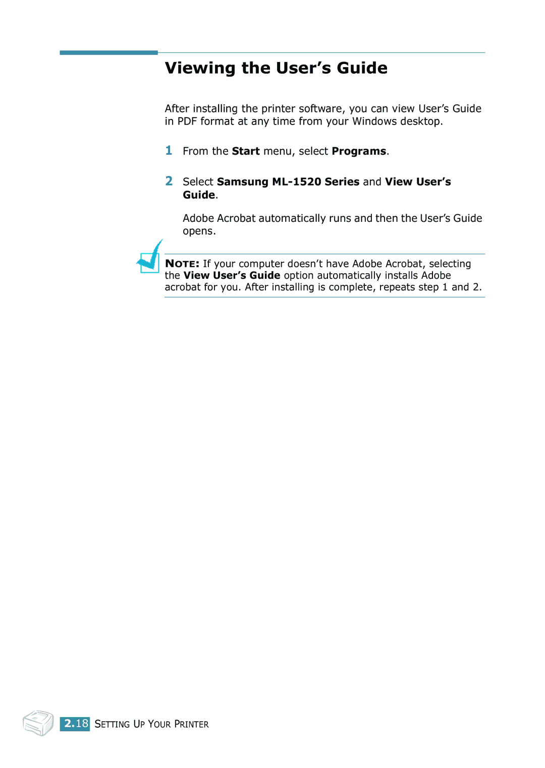 Samsung manual Viewing the User’s Guide, Select Samsung ML-1520 Series and View User’s Guide 