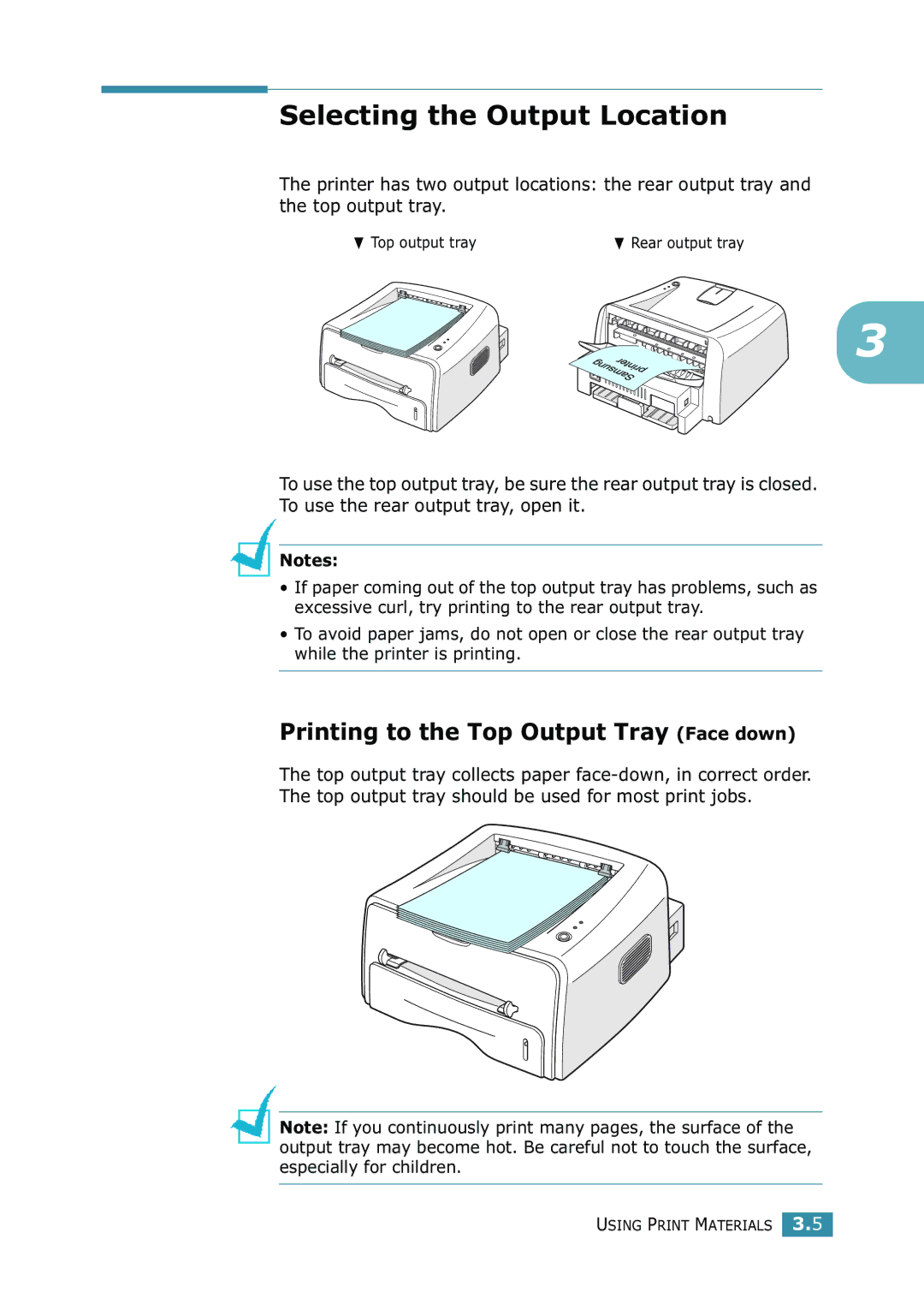 Samsung ML-1520 manual Selecting the Output Location, Printing to the Top Output Tray Face down 