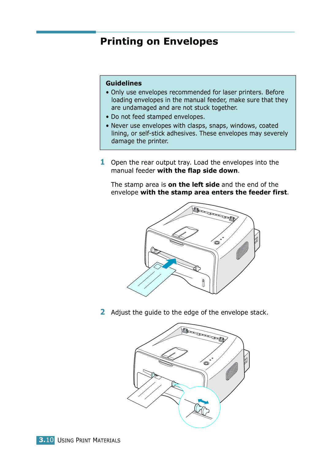 Samsung ML-1520 manual Printing on Envelopes, Guidelines, Adjust the guide to the edge of the envelope stack 