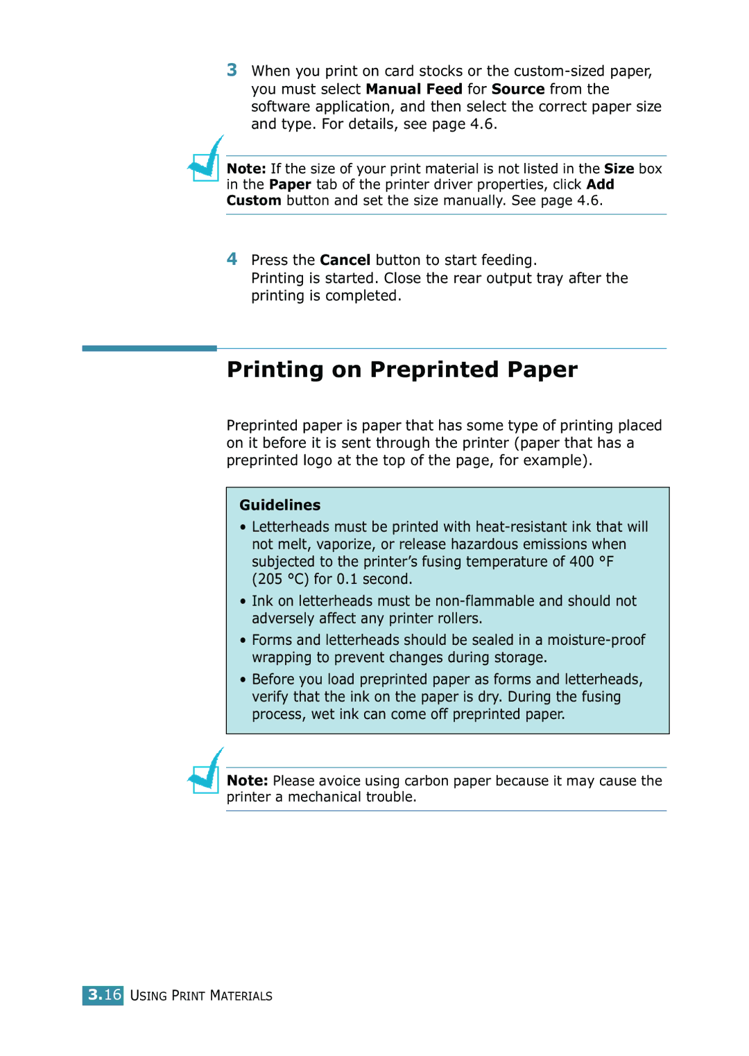 Samsung ML-1520 manual Printing on Preprinted Paper 